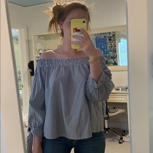 Off the shoulder blue and white striped top